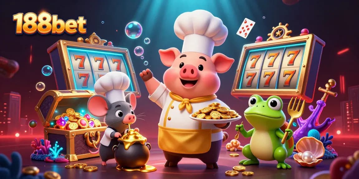 Bet big with 188bet in this vibrant casino scene featuring gold coins, slot reels, and lively characters.