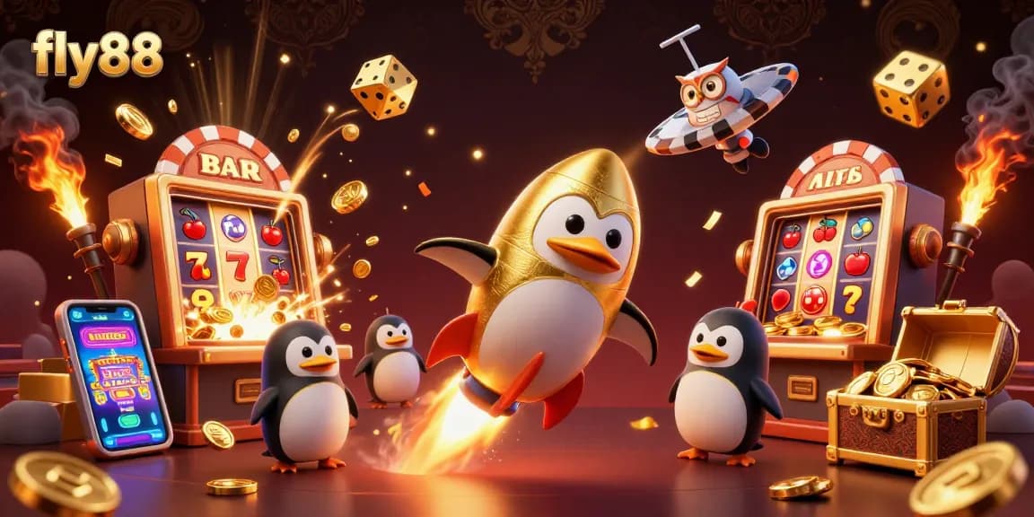 Engage in thrilling slots action with fly88 featuring a golden penguin and exciting casino elements.
