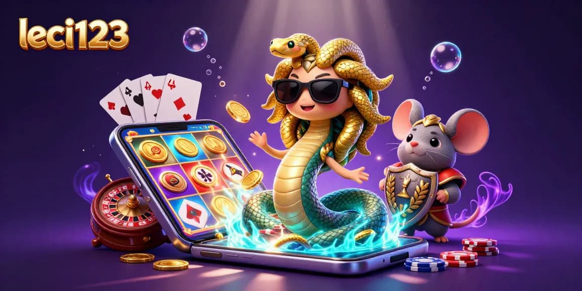 Engage with leci123's vibrant slot games illustrated by cute Medusa and warrior mouse amidst coins and cards.