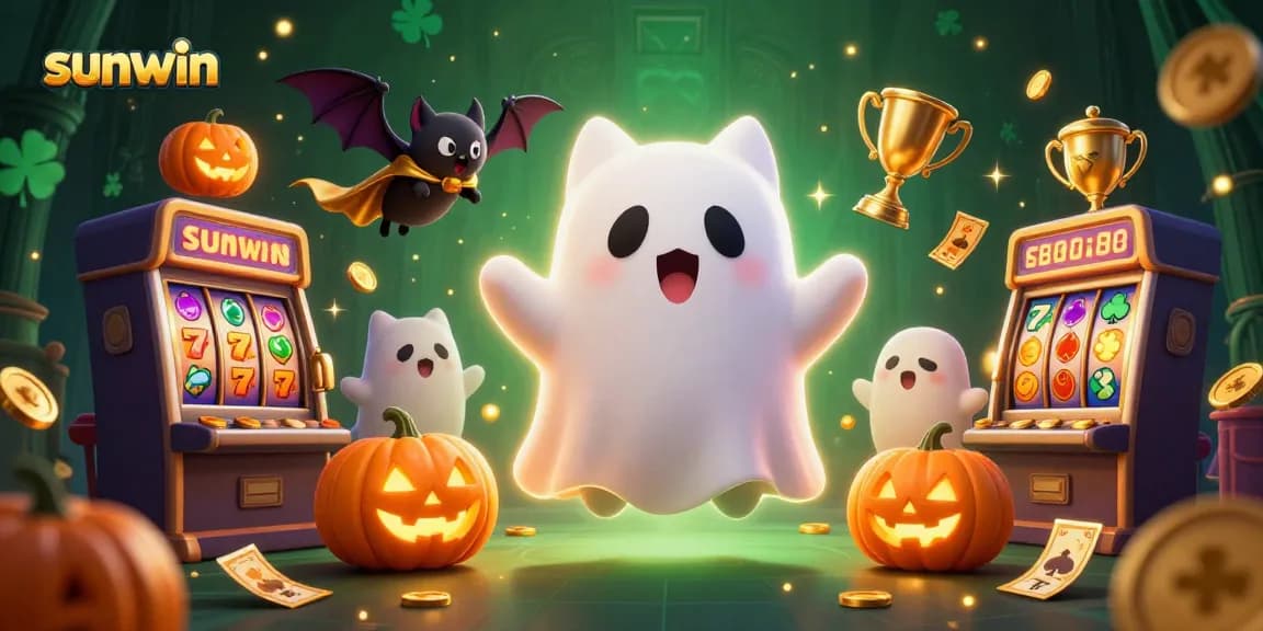 Experience sunwin's vibrant casino scene with a ghost cat and bat amidst dynamic slot reels.
