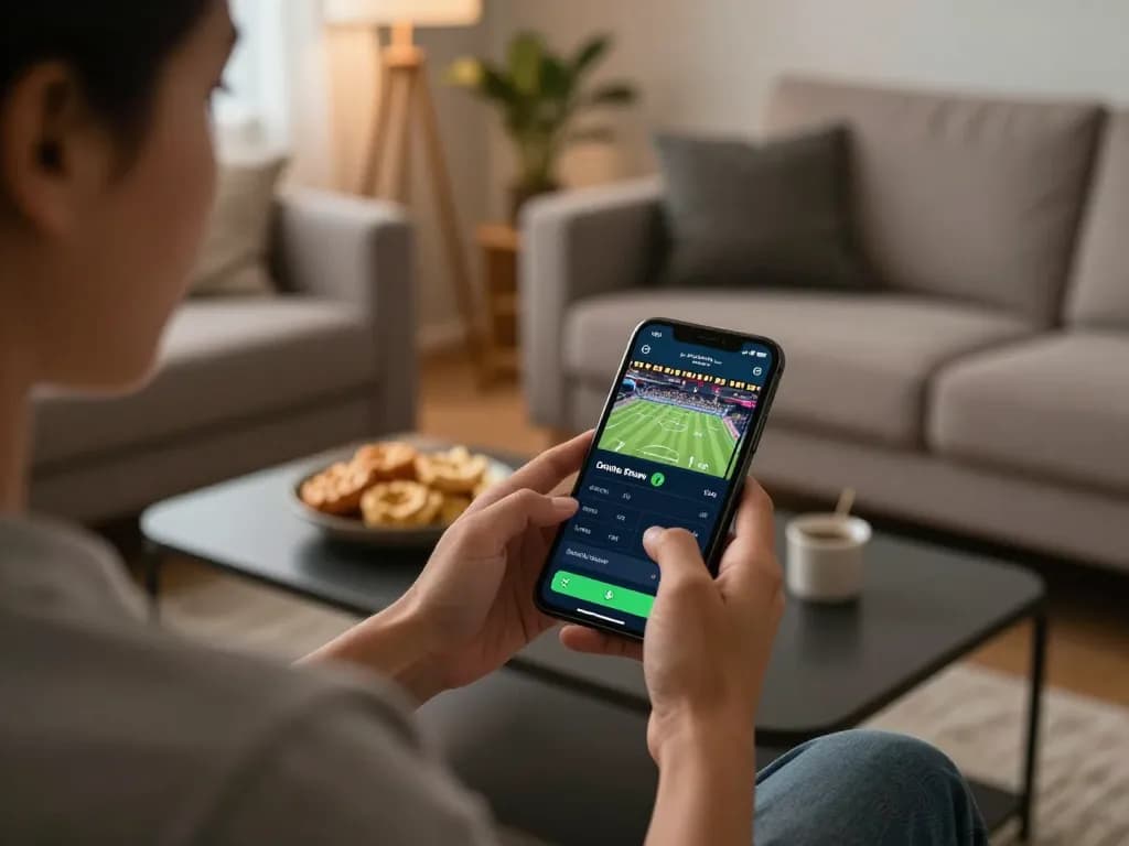 Player using LC88 app for sports betting on smartphone in cozy home environment