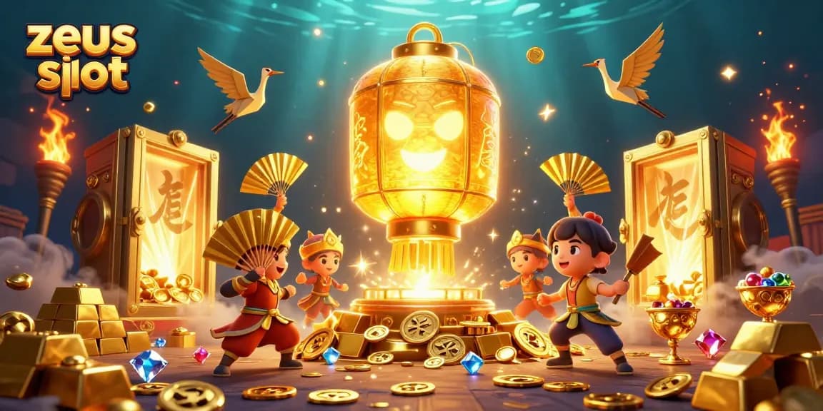 Experience the thrill of zeus slot with glowing lantern spirit and gold treasures in this vibrant casino scene.