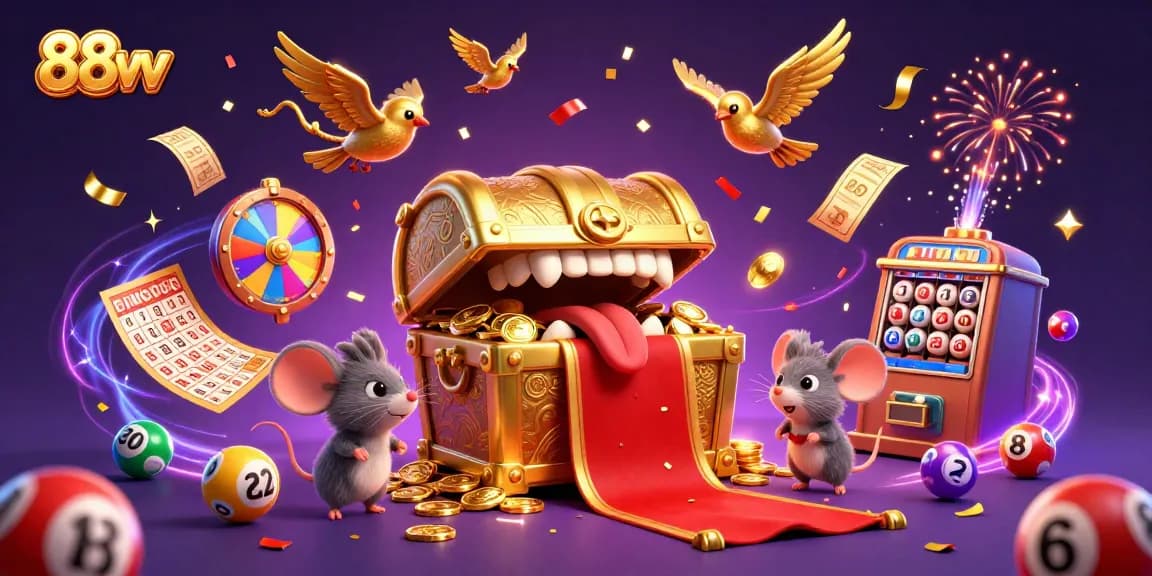 Experience the thrill of winning with 88vv's vibrant lottery and bingo action scene full of colorful elements.