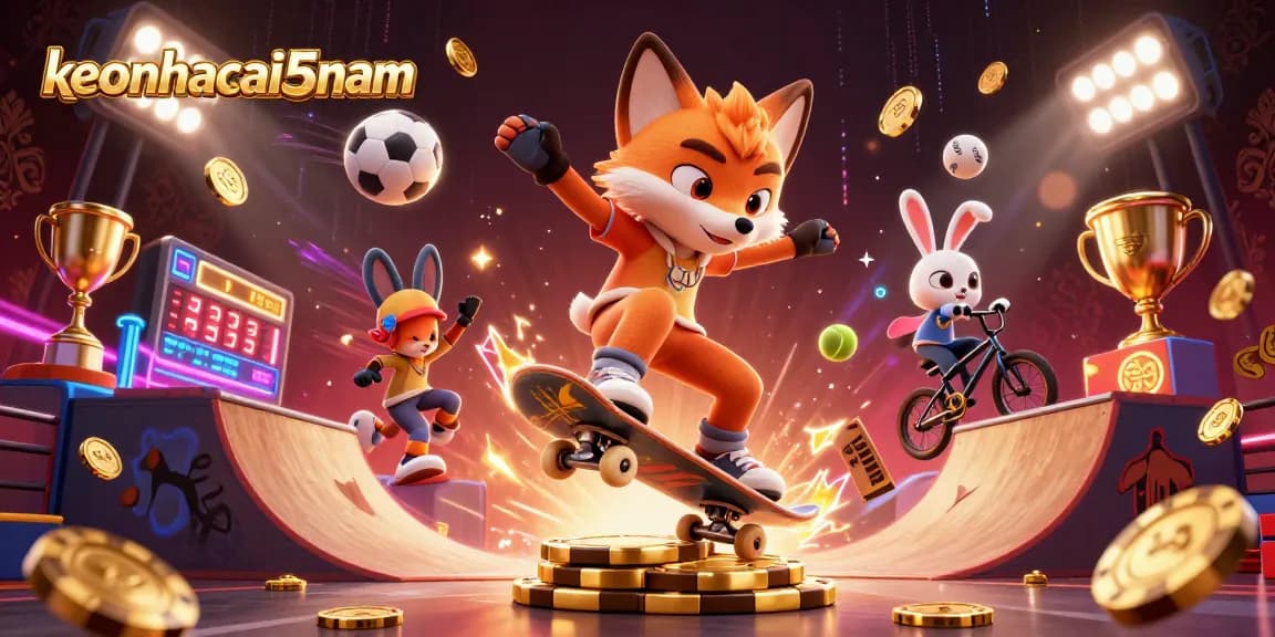 Catch the excitement of keonhacai5nam with a vibrant 3D illustration of casino-themed characters and elements.