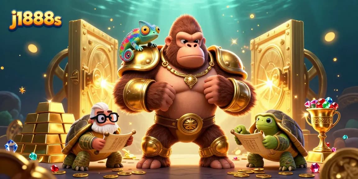 Experience thrilling jackpots with j1888s in a vibrant 3D casino illustration filled with treasures.
