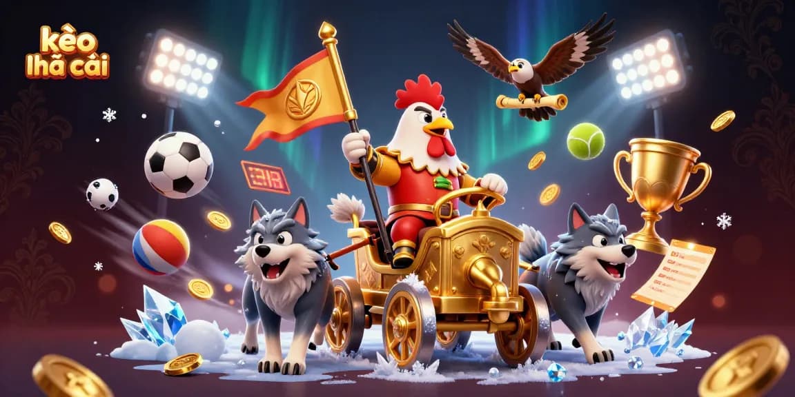 Engage in kèo nhà cái sports betting with a dynamic 3D cartoon illustration featuring a rooster warlord.