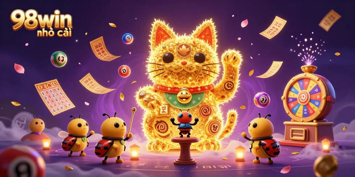Experience winning at 98win nhà cái with vibrant 3D casino symbols and colorful lottery elements.