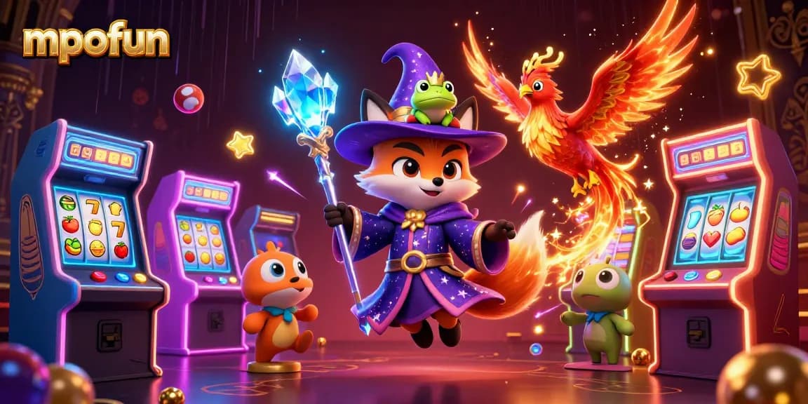 Experience thrilling gameplay with mpofun's enchanting wizard fox in a vibrant casino setting.