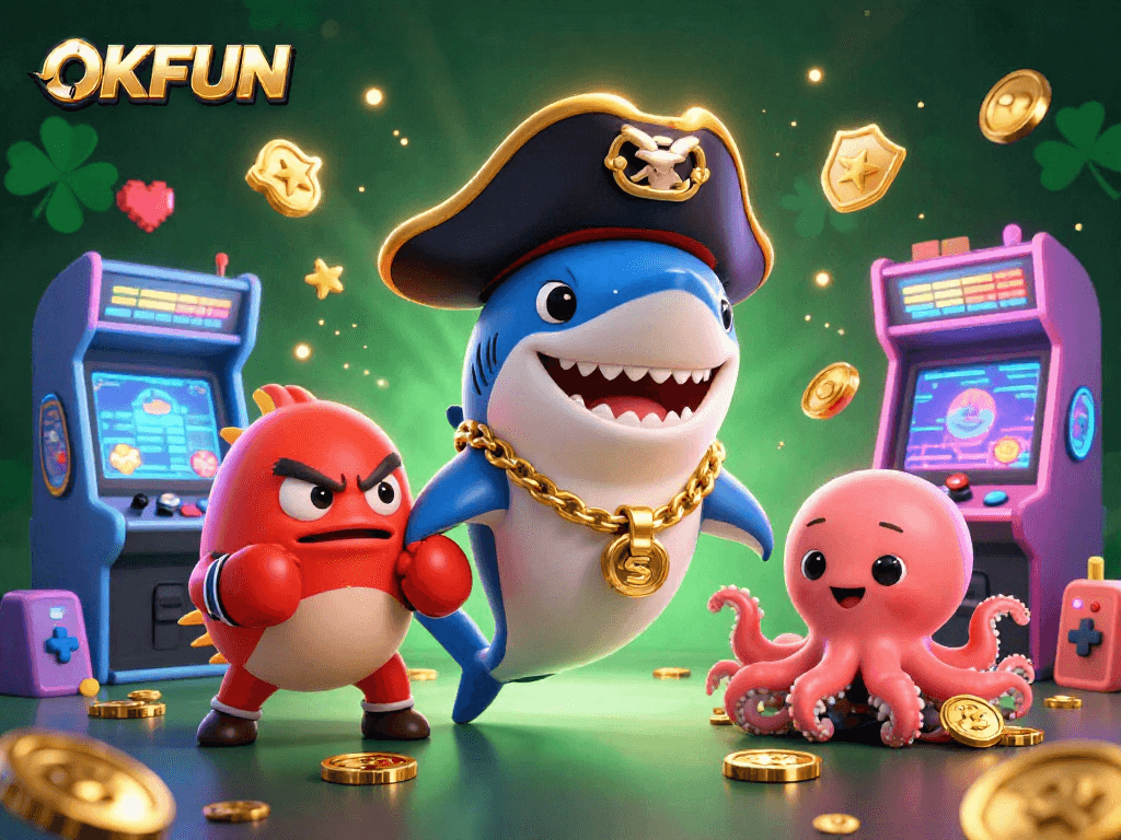 Join the excitement at OKFUN, where the 3D pirate shark revels in casino fun amidst colorful gaming elements.