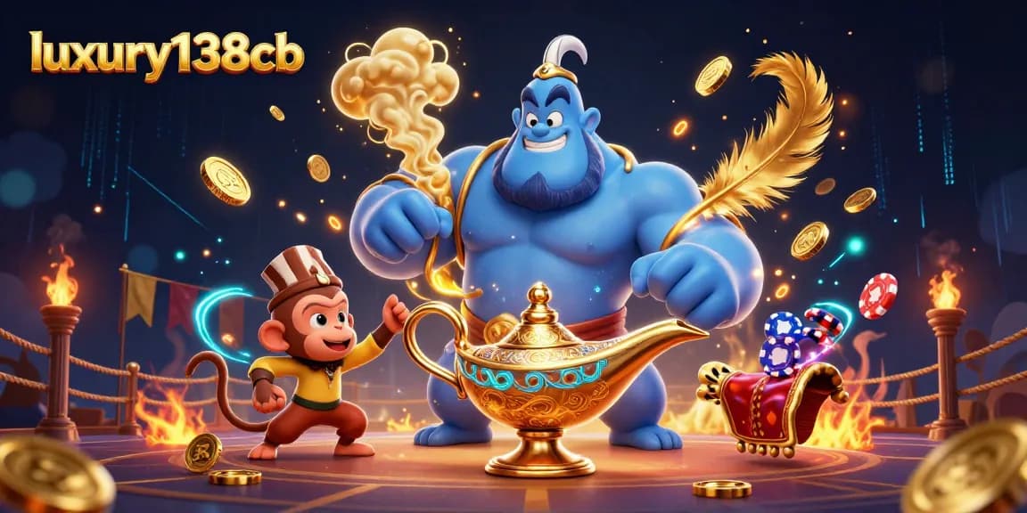 Experience thrilling action at luxury138cb with a dynamic casino scene featuring a genie, monkey, and poker chips.