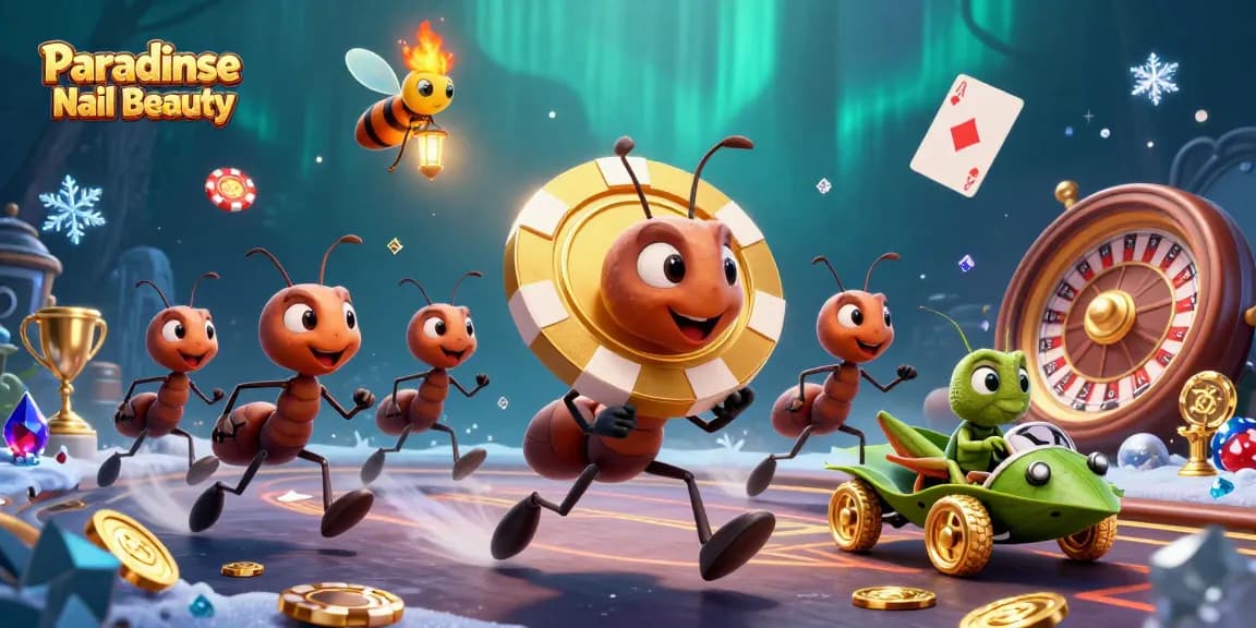 Engage in thrilling poker excitement at Paradise Nail Beauty with this dynamic illustration of ants carrying a poker chip.
