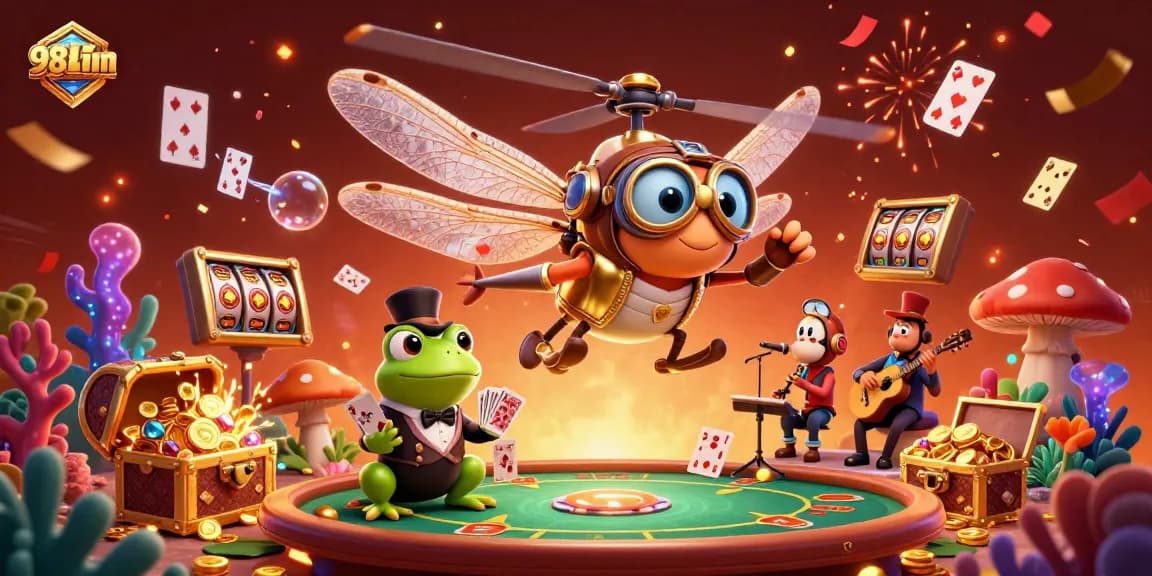 Experience the thrill of 98win at this colorful casino scene with dynamic characters and vibrant elements.