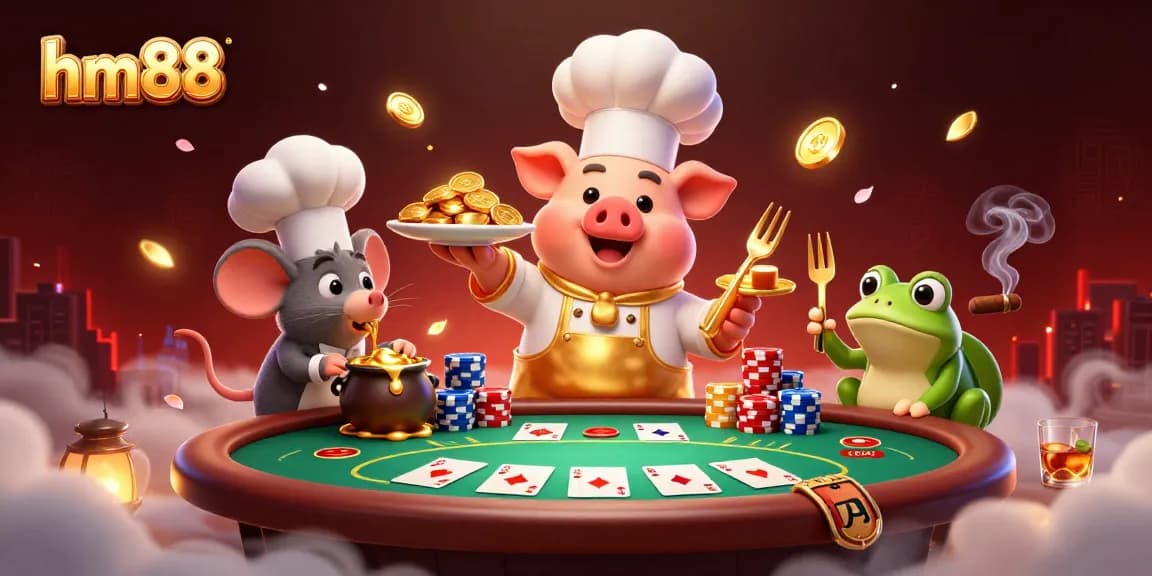 Engage with poker excitement at hm88 with cartoon chef serving gold coins and lively characters.
