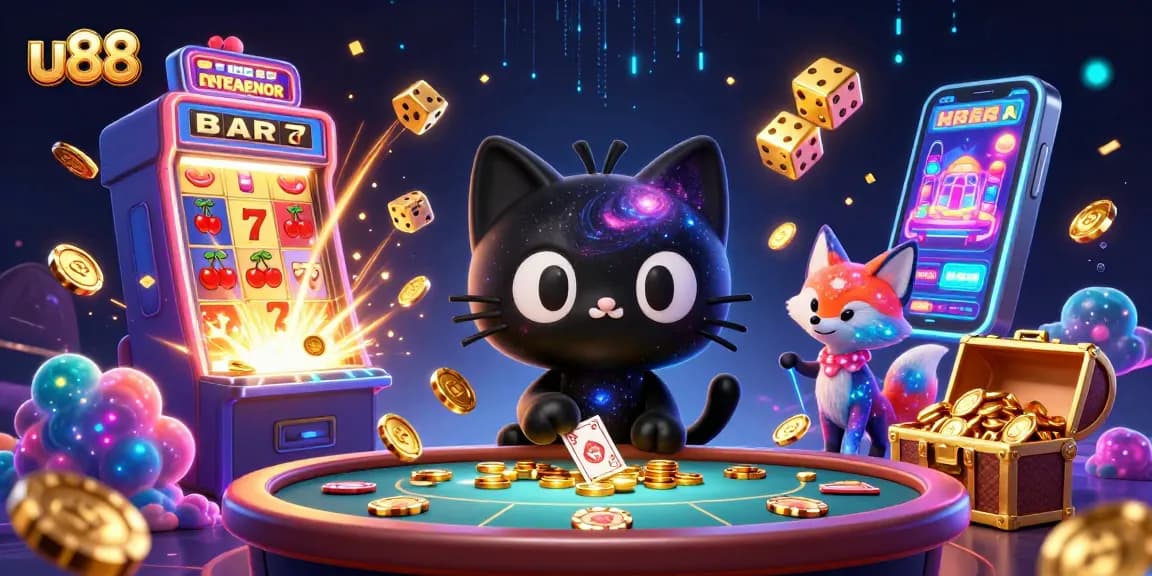 Experience the cosmic charm of u88 with a playful black hole cat at a bustling casino.