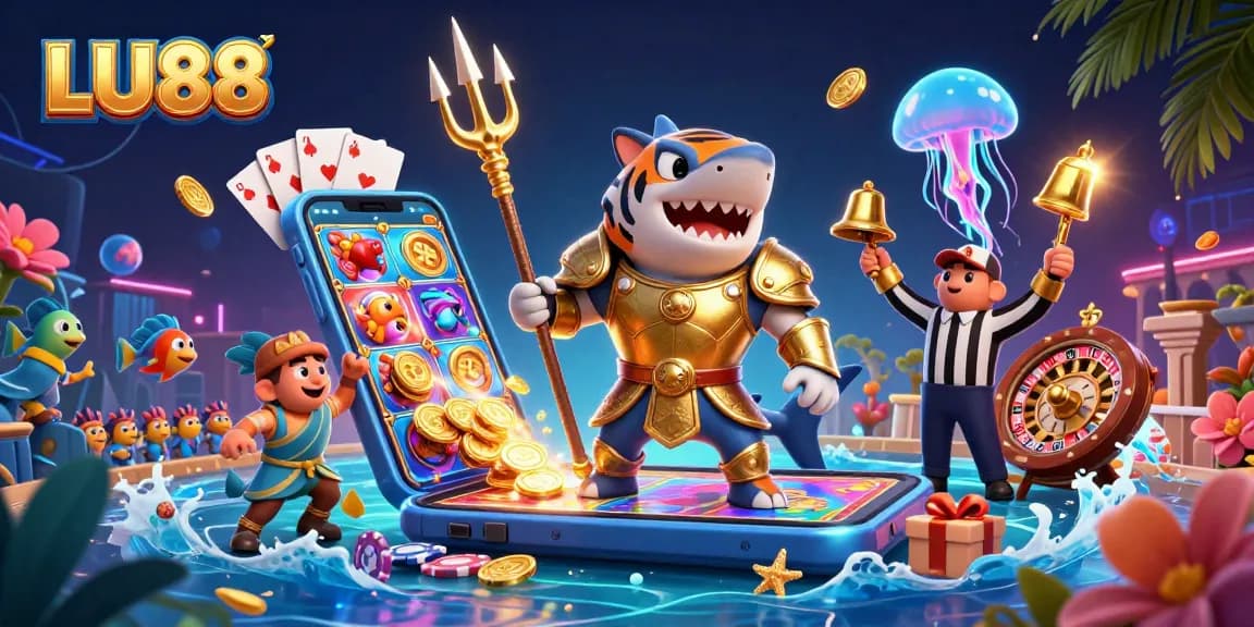 LU88 offers thrilling experiences with an underwater showdown featuring a shark and vibrant gaming elements.