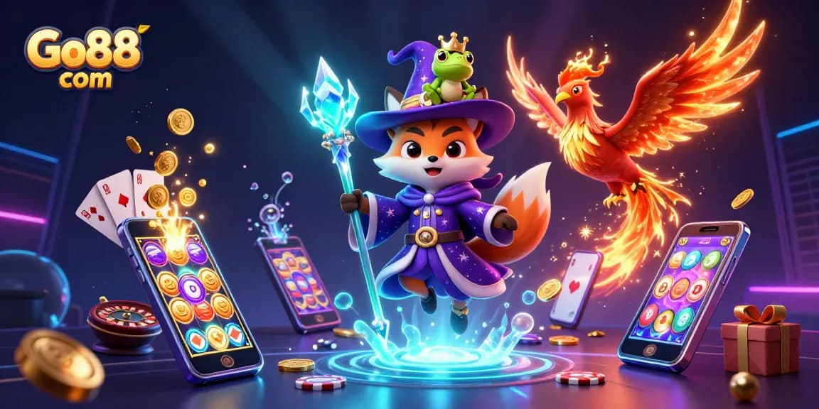 Experience excitement at Go88 com with a mystical wizard fox and phoenix in vibrant casino illustration.