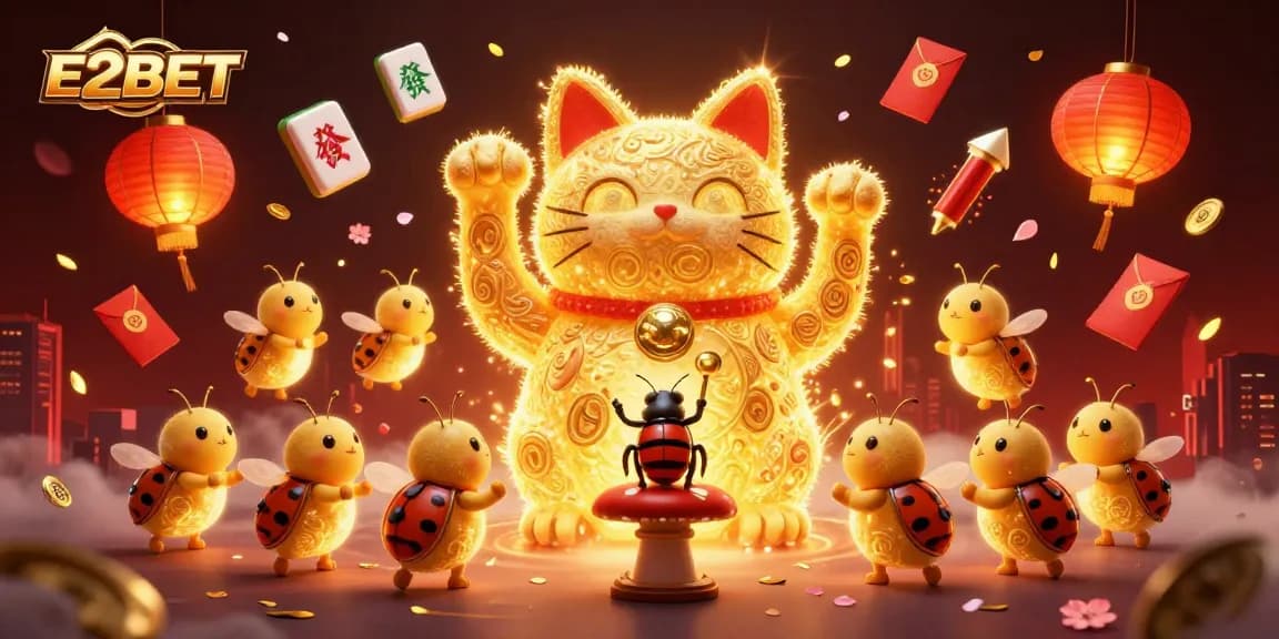 Experience the thrill of E2BET through a vibrant 3D scene filled with lucky symbols and festive elements.
