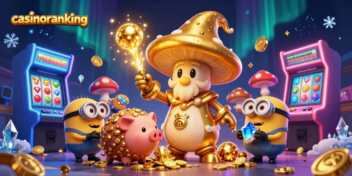 Experience the magic of casinoranking with a golden mushroom wizard, treasures, and colorful game machines.