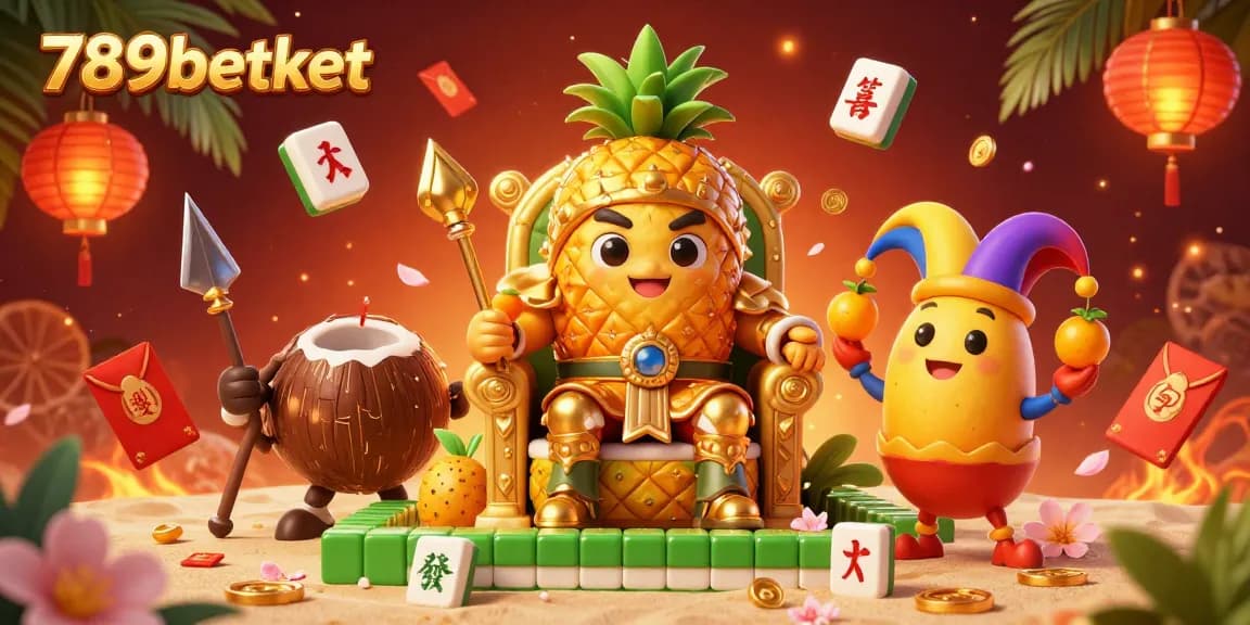 Experience thrilling gameplay at 789betket with our dynamic illustration of the golden pineapple king and lively game elements!