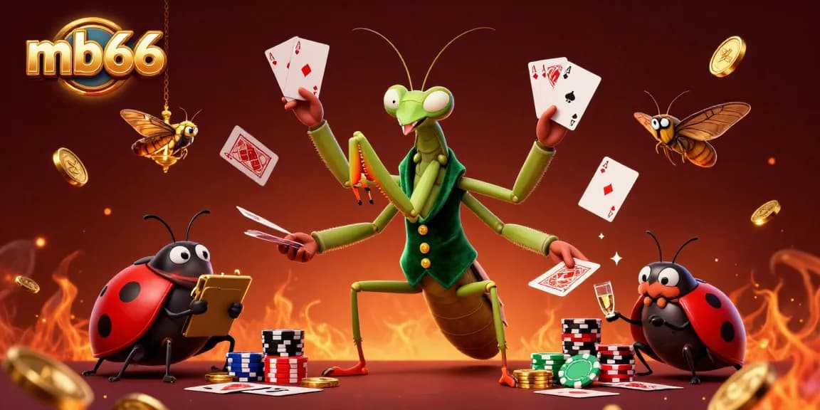 Engage in thrilling poker action with mb66 featuring a colorful mantis dealer and lively game elements.