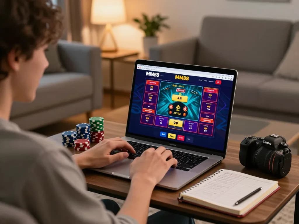 Engaging online gambling moment featuring MM88 player at home with laptop and strategy notes.