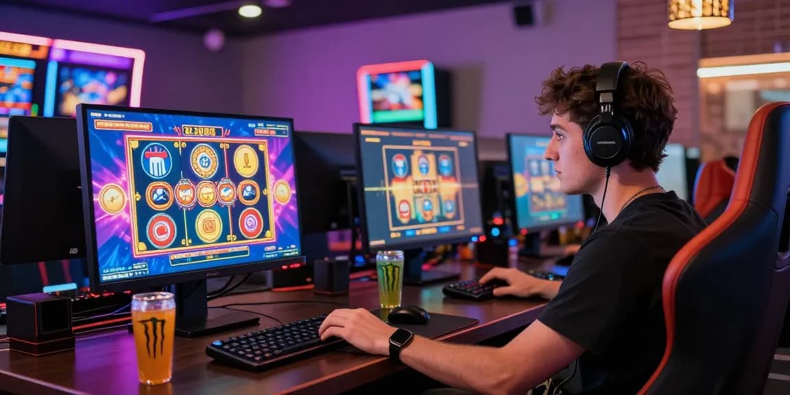 Exciting gaming atmosphere showcasing a player engaged in slot online gaming with vibrant graphics and accessories.