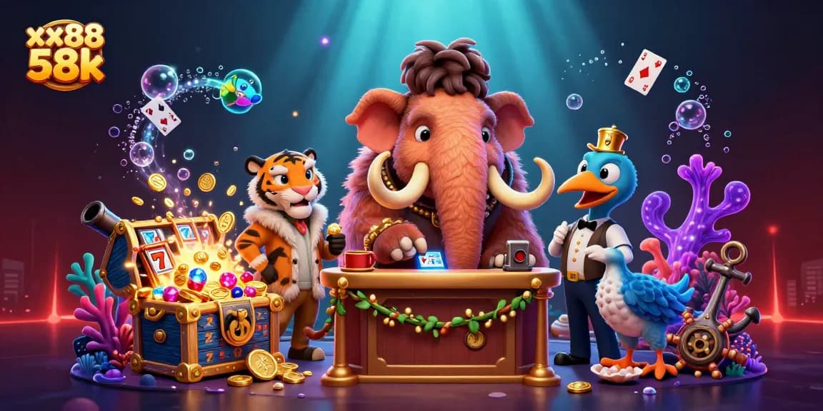 Experience the vibrant underwater scene with xx88 58k showcasing a woolly mammoth checking IDs at the casino entrance.