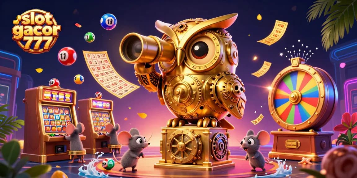 Experience the thrill of slot gacor 777 with dynamic casino illustrations featuring an owl and vibrant game elements.