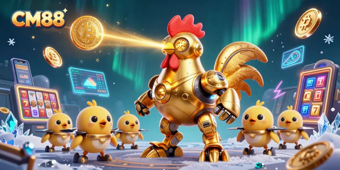 Engage with CM88's exciting golden rooster robot and dynamic slot elements in this immersive illustration.