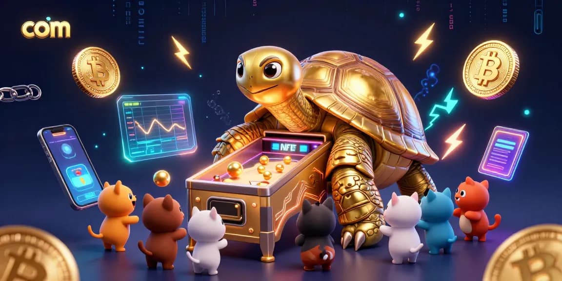 Engage with com in this vibrant 3D casino scene featuring a golden tortoise and crypto elements.
