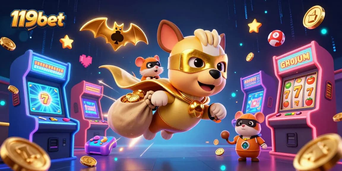 Experience thrilling gaming with 119bet, where a superhero dog and sidekick celebrate wins amidst vibrant casino elements.