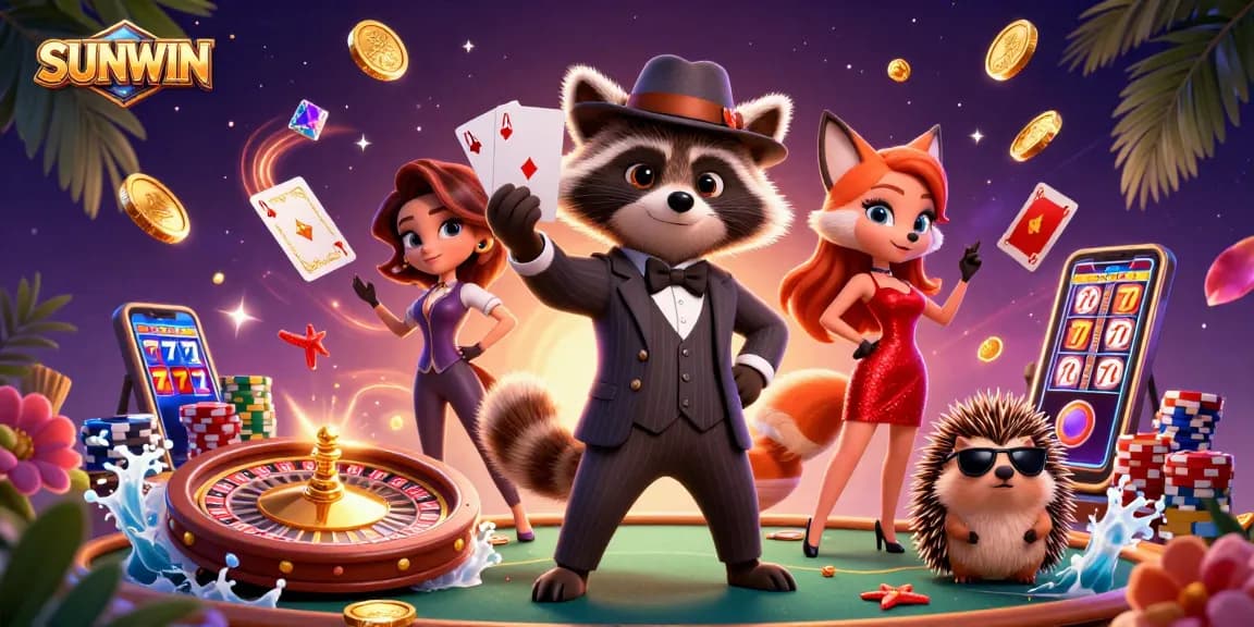 SUNWIN engages players with a charming raccoon, dazzling fox, and dynamic casino elements in this vibrant gambling scene.