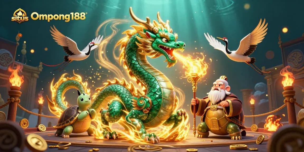Situs Ompong188: Menghidupkan permainan kasino dengan ilustrasi naga dan benda keberuntungan meriah.
