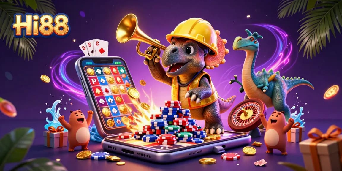 Join the celebration at Hi88 with a triceratops building poker chip pyramids amidst gaming elements.