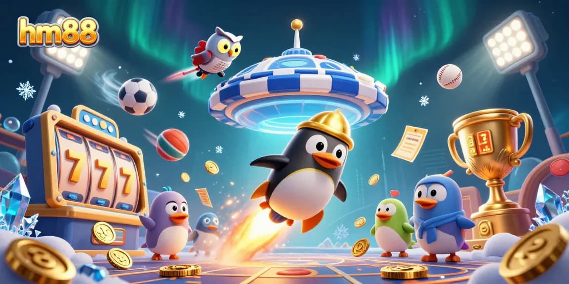 hm88 interactive slots scene featuring a golden penguin, vivid sports balls, and dynamic casino elements