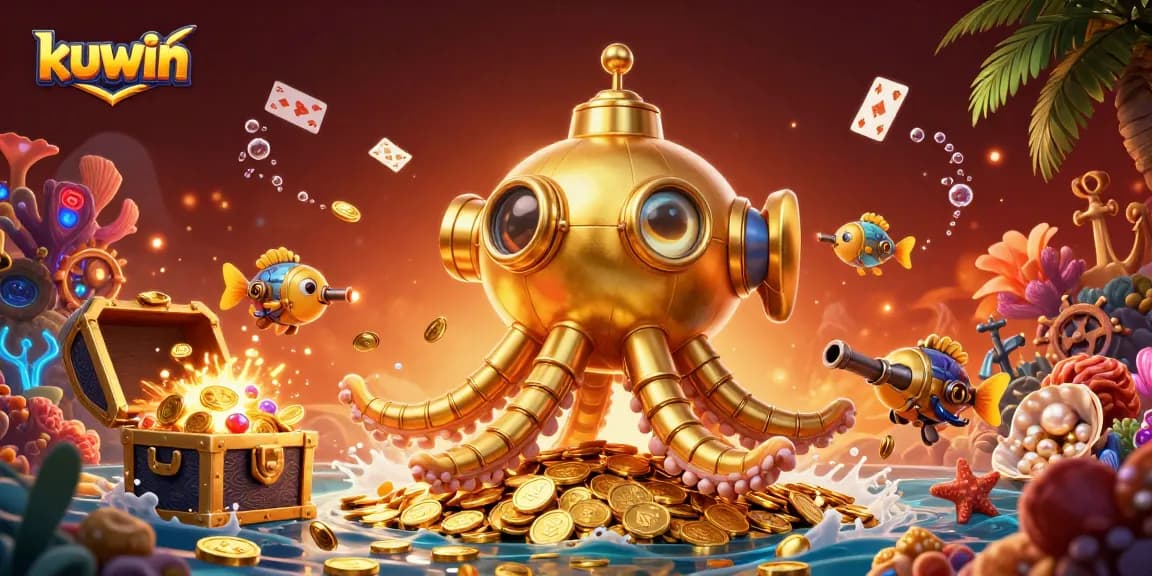 Kuwin's colorful underwater adventure showcases a golden kraken submarine amidst gold coins and treasure.