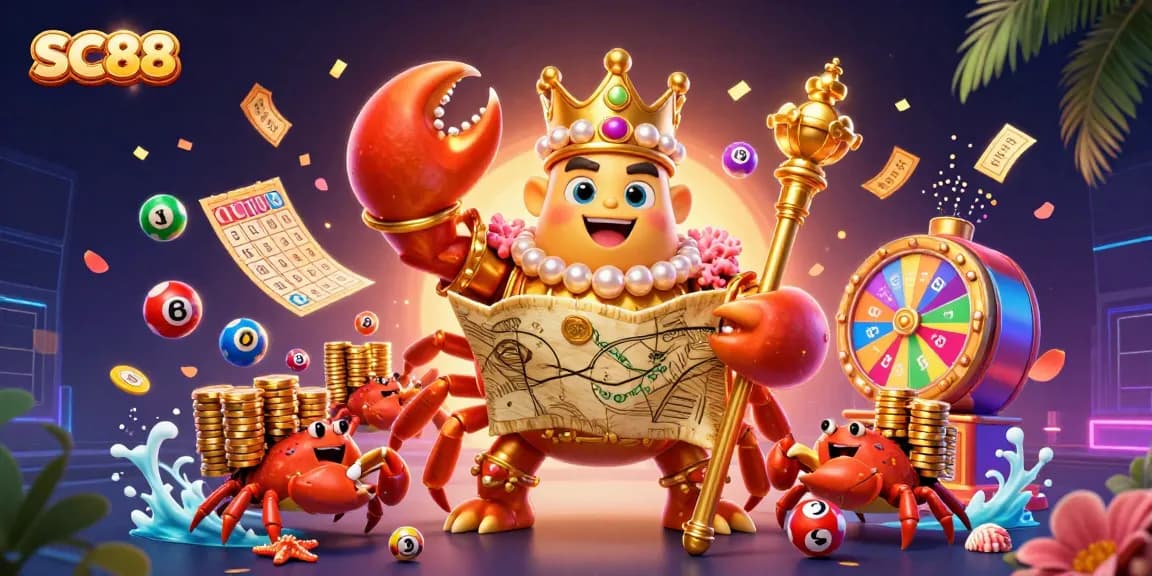 Engage with SC88's vibrant gaming world featuring the golden crab emperor and dynamic lottery elements.
