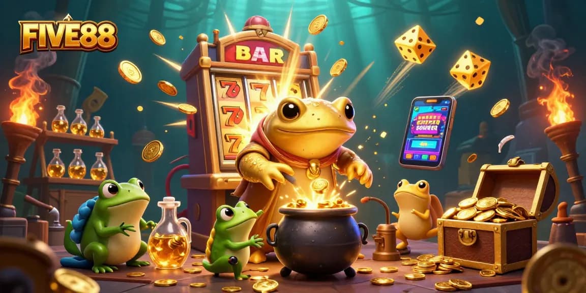 Experience exciting games at FIVE88 with a golden alchemist and vibrant casino elements.