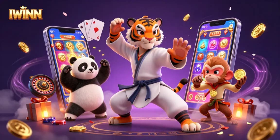 IWINN casino illustration featuring a kung fu tiger master, panda disciple, and mischievous monkey surrounded by dynamic slot game elements.