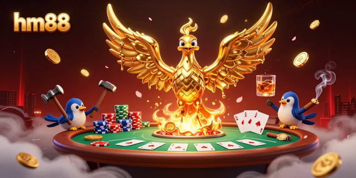 Experience the thrilling hm88 casino scene with a golden phoenix, poker table, and vibrant game elements.