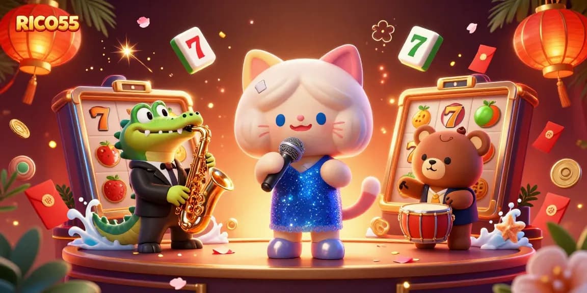 RICO55 slot reels come alive with a 3D jazz-singer cat and friends in a vibrant casino scene.