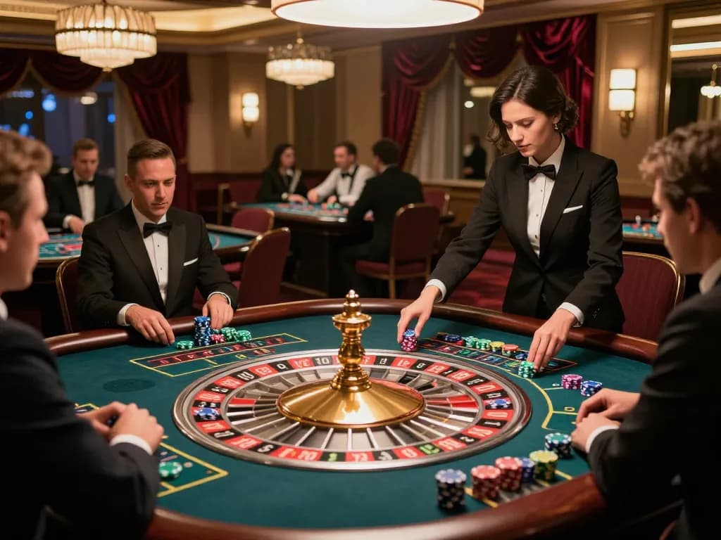 Experience the excitement of GG88 with players betting at a roulette table in a luxurious casino.