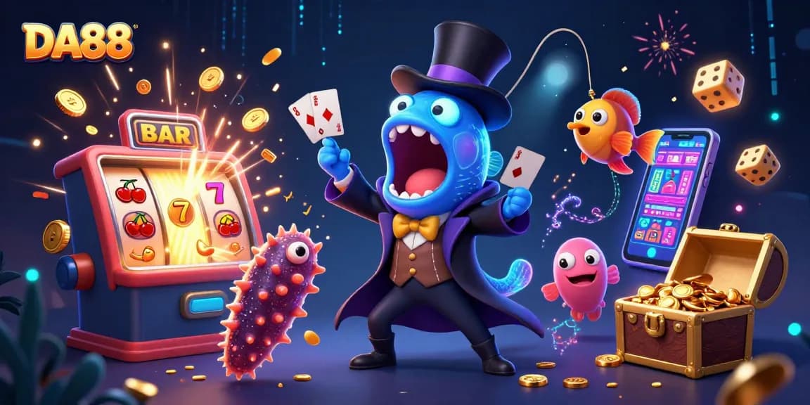 DA88 gaming illustration featuring deep-sea creatures amidst a vibrant casino jackpot scene.