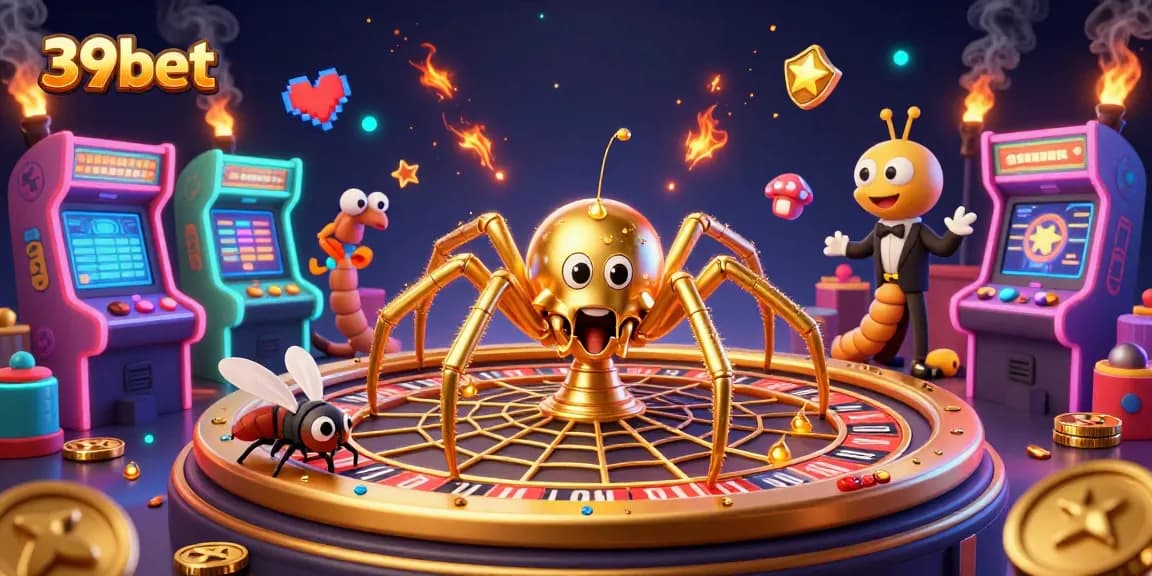 39bet players engaging with a colorful casino scene featuring a golden spider and animated gaming elements.