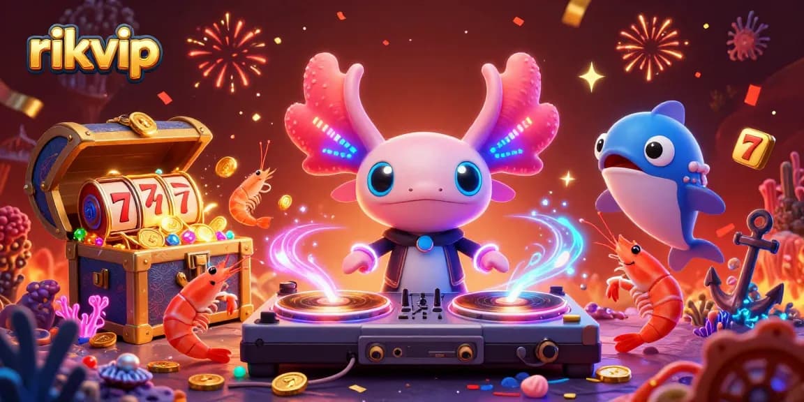 rikvip unleashes vibrant casino excitement with an axolotl DJ, dancing enthusiasts, and golden treasures.