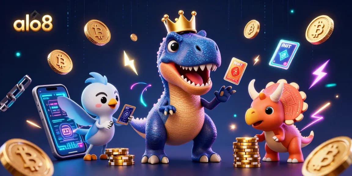 Join the excitement of alo8 and experience a vibrant casino scene with T-Rex shuffling cards.