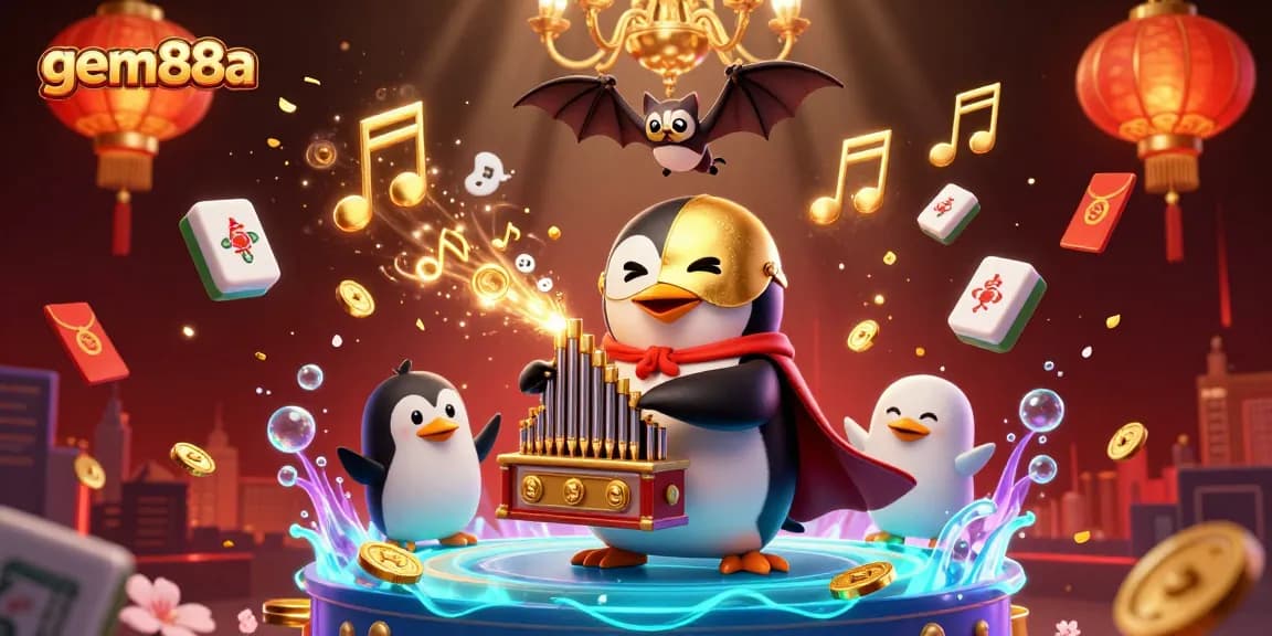 Experience the excitement with gem88a as a phantom opera penguin plays winning tunes, surrounded by festive gambling elements.