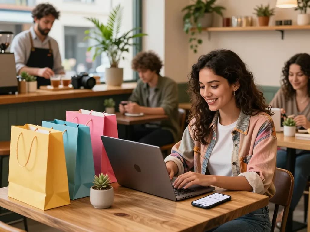 Stilvolle Frau, die online für sofort lieferbar Produkte in einem gemütlichen Café einkauft.