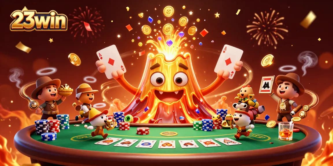 Engage in thrilling gameplay at 23win with a golden volcano erupting coins in a vibrant casino scene.