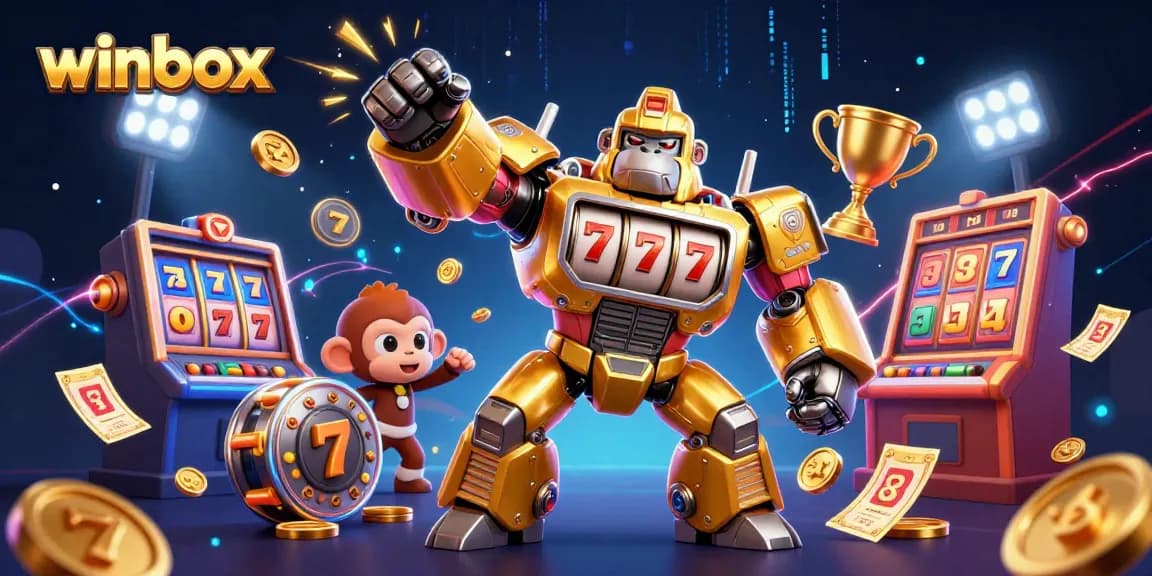 Winbox gaming operation featuring a golden gorilla mech, slot machine parts, and sports elements, dynamic and energetic.